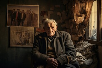 Obraz premium Elderly man sitting by the window in an old apartment, old photo in hand, loneliness