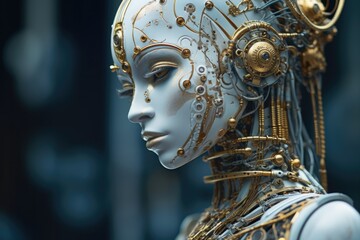 A robot with gold and silver jewelry. Generative AI.