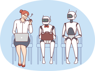 Confused woman in line with robots in office