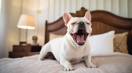 A white bulldog dog yawning on a bed. Generative AI.