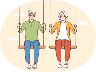 Energetic old couple sit on swings