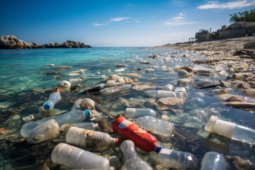 Garbage floats in the ocean. Ecological catastrophy. Polluted Ocean