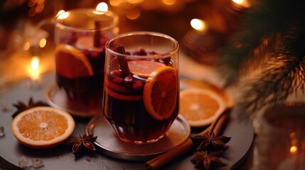 Two glasses of mulled wine with oranges and spices. Generative AI.