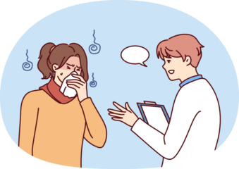 Male doctor help sick woman with flu