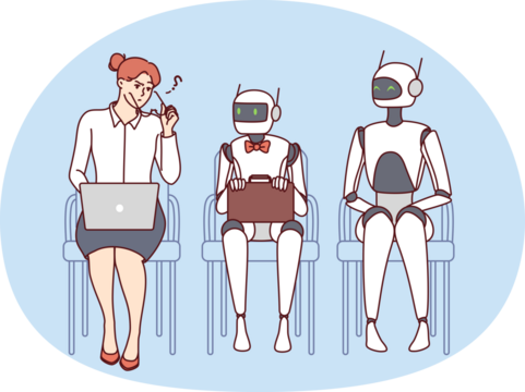 Confused woman in line with robots in office