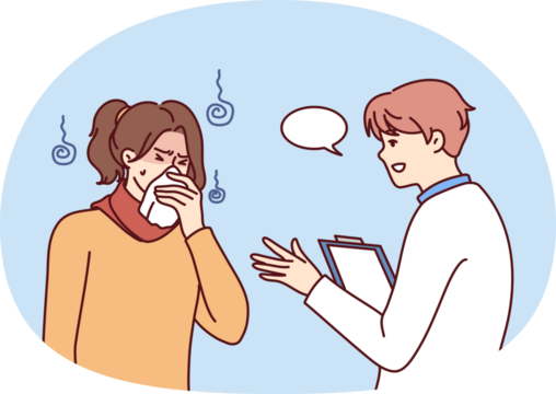 Male doctor help sick woman with flu