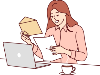 Happy woman freelancer opens envelope with letter standing near table with laptop and cup of coffee