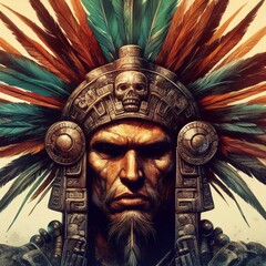 An image of a man with feathers on his head, aztec god, aztec warrior