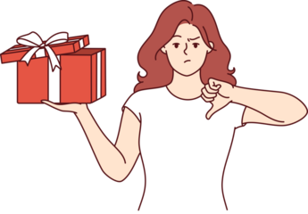 Woman with gift in hands is nervous and points finger down due to poor quality of present