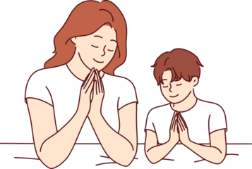 Mom prays with son before bed, asking god to teaching child to religious lifestyle