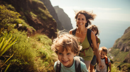 Family with small children hiking outdoors in summer nature, walking in Madeira mountains
