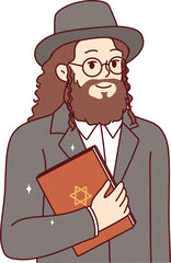 Jewish man with long hair and beard holds torah book with star of david on cover