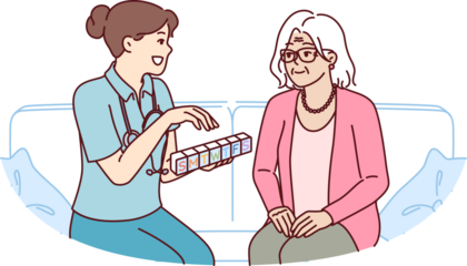 Doctor prescribes medication to elderly female patient and holds pills with smtwtfs letters