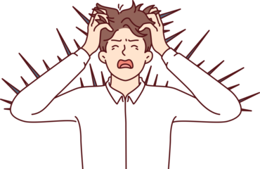 Angry man with thorns sticking out of body screams and grabs head suffering from skin irritation