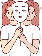 Woman suffers from bipolar disorder and problems due to sharp change mood and holds mask in hands