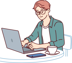 Man freelancer works with laptop sitting in cafe and drinking coffee, enjoying remote work