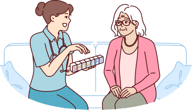 Doctor prescribes medication to elderly female patient and holds pills with smtwtfs letters - Powered by Adobe