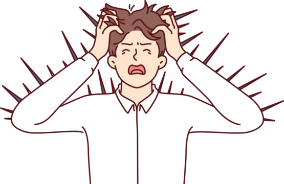 Angry man with thorns sticking out of body screams and grabs head suffering from skin irritation