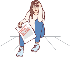Frustrated woman holding bank document with inscription final notice and crying, sitting on floor