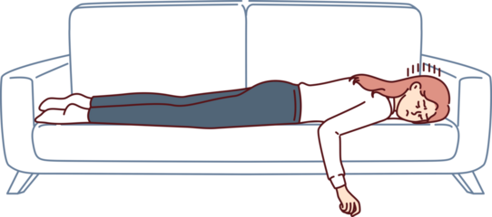 Tired business woman sleeps on couch, feeling lack of strength to change into pajamas