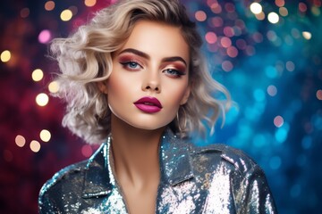 Portrait of young blonde beautiful woman wearing shining silver suit and evening makeup at the party - obrazy, fototapety, plakaty