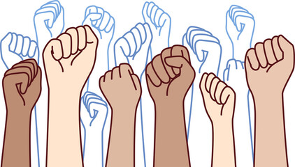 Hands diverse people raising fists in protest and calling for revolution to fight social injustice - obrazy, fototapety, plakaty