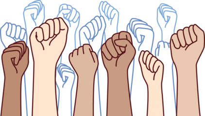 Hands diverse people raising fists in protest and calling for revolution to fight social injustice