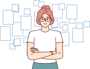 Confident business woman manager stands with arms crossed near kanban board and looks at screen