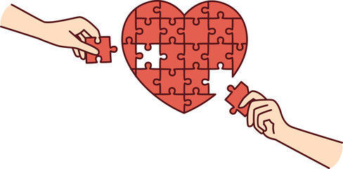 Heart from puzzle near hands of people, metaphor for health of cardiovascular system