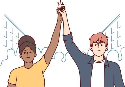 Protesting activists hold hands in solidarity, stand on street among crowd during revolution