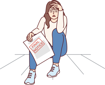 Frustrated woman holding bank document with inscription final notice and crying, sitting on floor