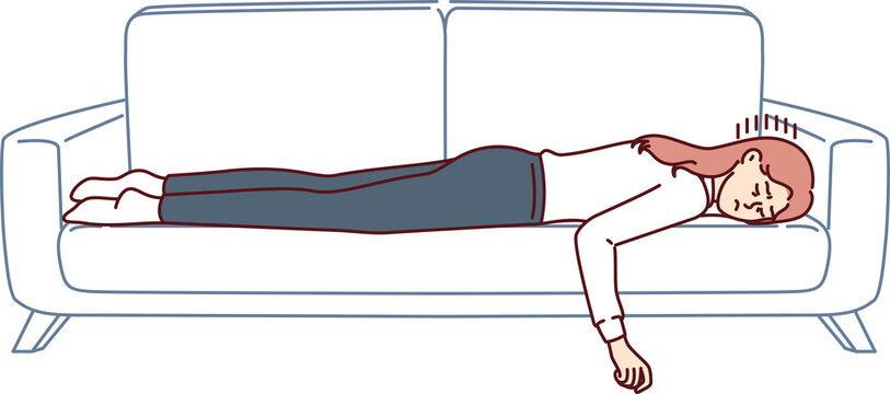 Tired business woman sleeps on couch, feeling lack of strength to change into pajamas