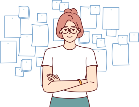 Confident business woman manager stands with arms crossed near kanban board and looks at screen