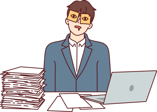 Man office worker sitting at desk is sleeping at workplace with sticky stickers on eyes