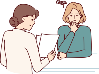 Woman is interviewing in corporation and is nervous waiting for recruiter to read resume