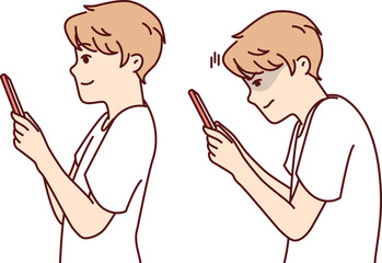 Boy with poor posture holds phone and needs to straighten spine, before and after visit to osteopath