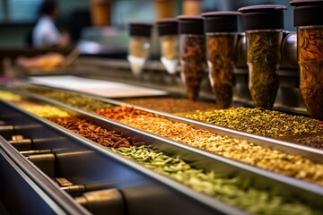 Close-up view of a conveyor belt moving diverse spices and herbs in a scented food processing facility. Generative AI - obrazy, fototapety, plakaty