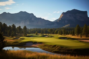Beautiful golf course nestled beneath a majestic mountain. Generative AI