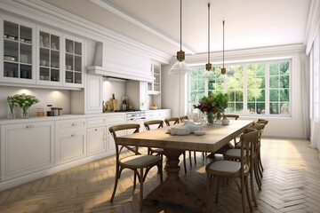 Spacious white kitchen with large table. Generative AI