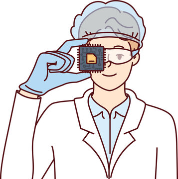 Man computer engineer holding microchip calling for investment in semiconductors and processors