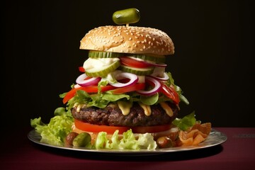 Realistic burger & salad combo: succulent meat paired with fresh veggies. Generative AI