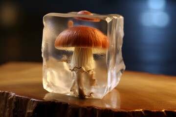 Mushroom in ice cube. Generative AI