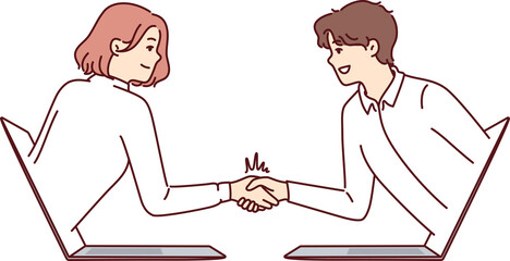 Fototapeta premium Handshake of business people leaning out of laptop and making remote negotiations via internet