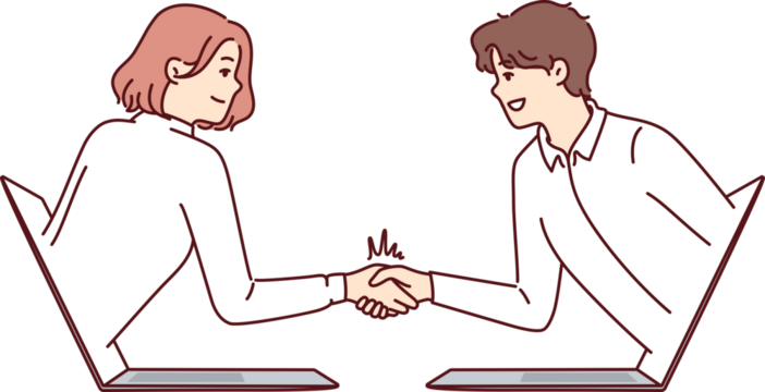 Handshake of business people leaning out of laptop and making remote negotiations via internet - Powered by Adobe