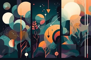 Three banners of abstract shapes on dark background with colorful, flat, surreal design and ultrafine detailed painting. Generative AI
