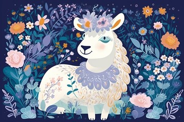 Illustration of adorable animal in flower gardens, perfect for children's room decor or animal wallpaper. Generative AI
