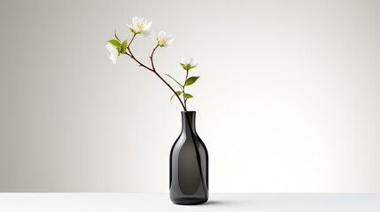  a black vase with white flowers in it on a white table with a white wall in the background and a white wall in the background.  generative ai