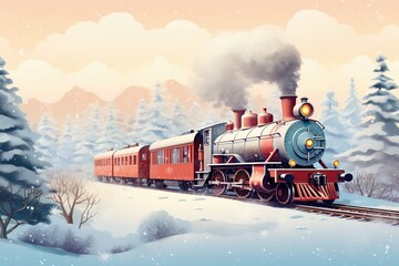 Vintage illustration of an old red train decorated for Christmas. Steam locomotive, passenger cars and snowy scenery. - obrazy, fototapety, plakaty