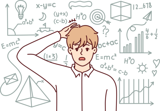 Embarrassed guy student studying mathematics, scratching back head standing near school chalkboard