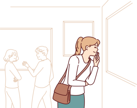 Woman gallery visitor admiring paintings by famous artists, enjoying exhibits in museum modern art